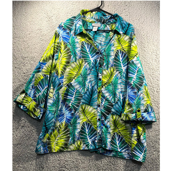 Catherines button up short sleeve top shirt roll tab tropical beachy vacation 2x - Picture 1 of 9